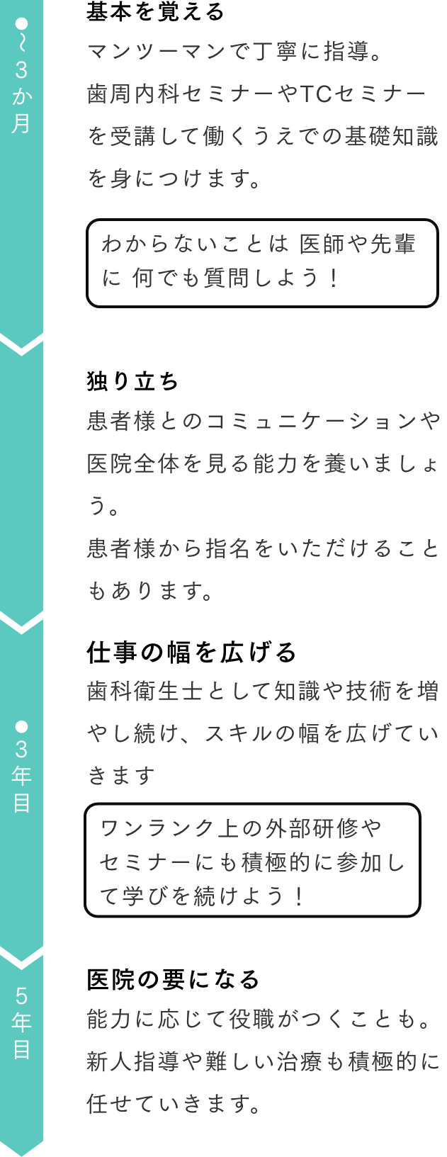 基本を覚えるマンツーマンで丁寧に指導。⻭周内科セミナーやTCセミナーを受講して働くうえでの基礎知識を⾝につけます。 独り⽴ち患者様とのコミュニケーションや医院全体を⾒る能⼒を養いましょう。患者様から指名をいただけることもあります。 仕事の幅を広げる⻭科衛⽣⼠として知識や技術を増やし続け、スキルの幅を広げていきます 医院の要になる能⼒に応じて役職がつくことも。新⼈指導や難しい治療も積極的に任せていきます。